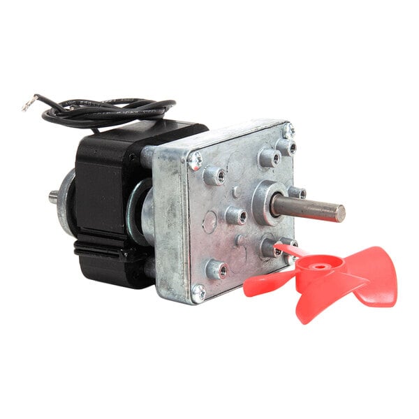 A metal drive motor with a red plastic fan blade and attached wiring.