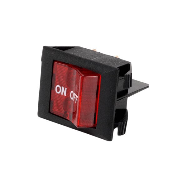 A rectangular red rocker switch with 'ON' and 'OFF' labels, designed for panel mounting.