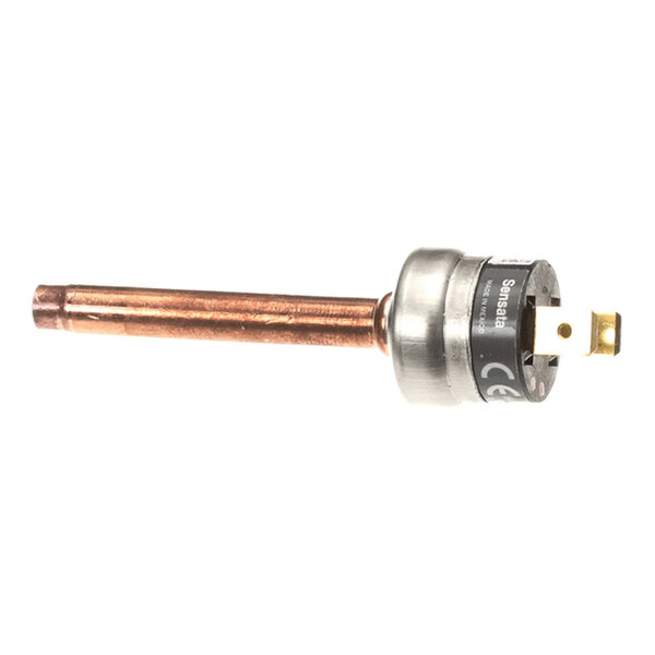A copper and metal pressure switch component with an electrical connector, used in refrigeration or HVAC systems.