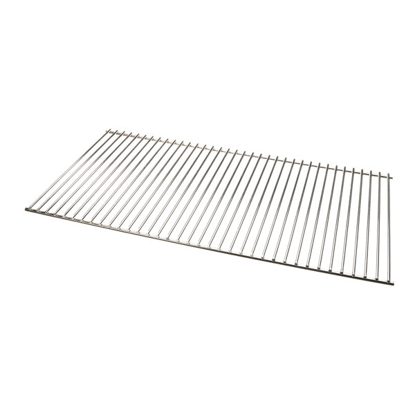 A rectangular metal grill rack with evenly spaced parallel bars.