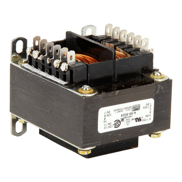 A metal and plastic electrical transformer with multiple terminal connections and a labeled side panel.