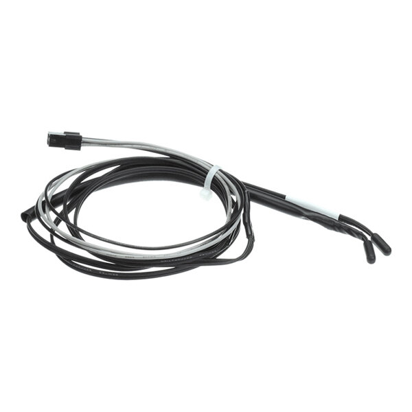 A black wire assembly with a connector and probe ends, used as an evaporator probe for Minus Forty equipment.