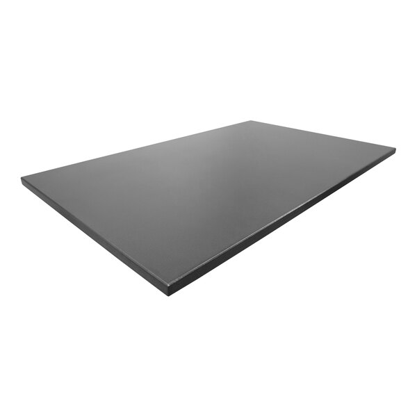 A rectangular indoor table top with eased edges, squared corners, and a silver vein finish.