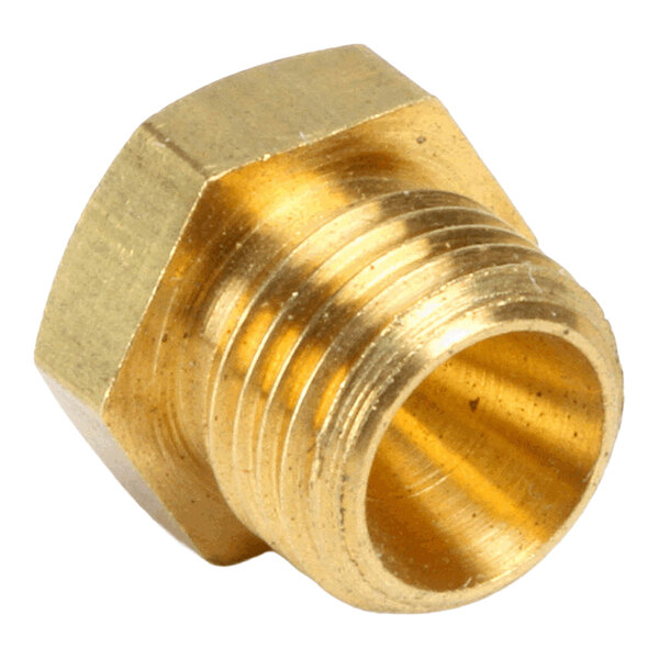 A brass burner orifice fitting with external threading.