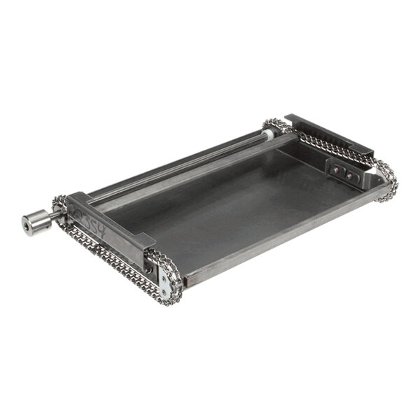 A metal drive unit assembly with a flat base, side rails, and chain components.