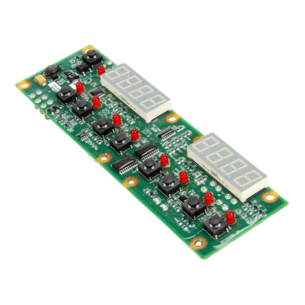 A rectangular electronic circuit board featuring multiple push buttons, red LEDs, and two digital display modules.