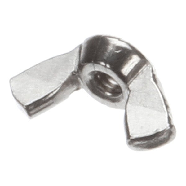 A stainless steel wing nut with an 8-32 thread size.