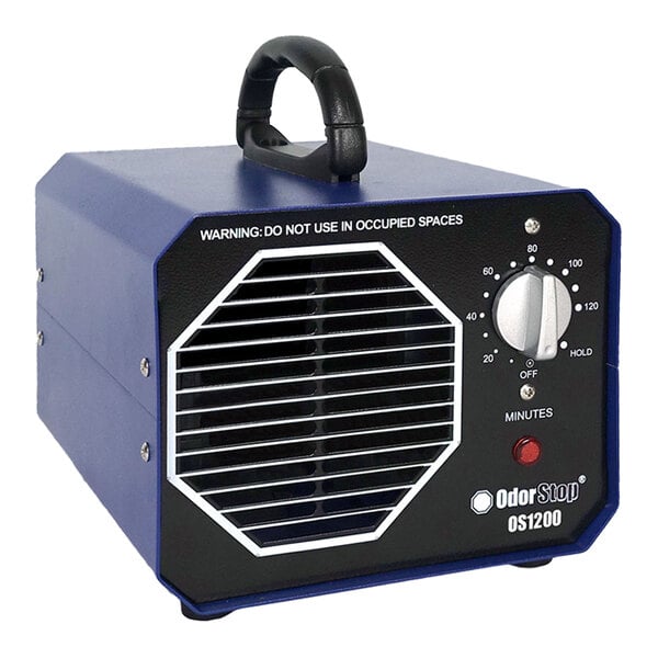 An OdorStop OS1200 ozone generator air purifier with a blue metal casing, front control dial, and carrying handle.
