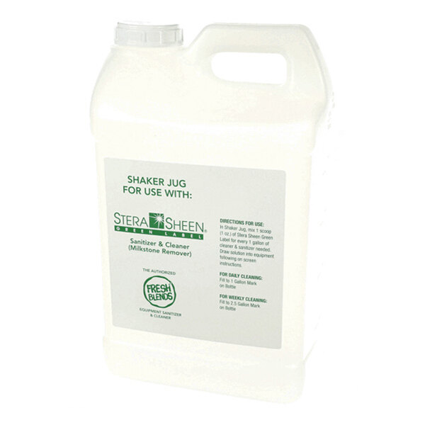 A 2.5-gallon plastic shaker jug labeled for use with Stera-Sheen sanitizer and cleaner.