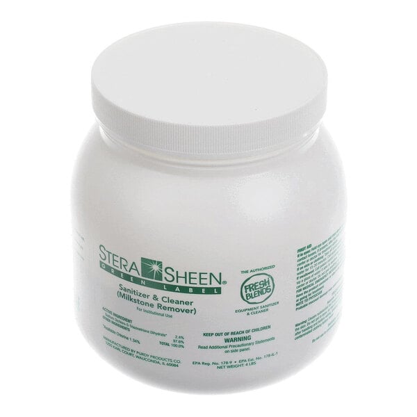 A white plastic container of Stera Sheen sanitizer and cleaner (milkstone remover) with a screw-on lid.
