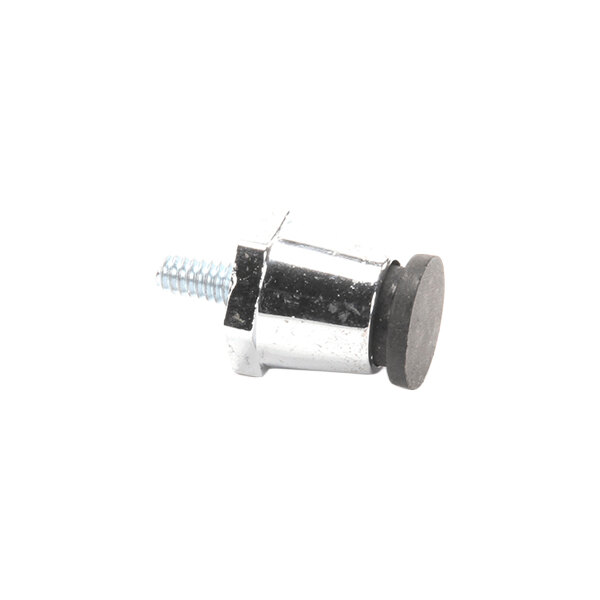 An adjustable metal foot with a threaded screw and a rubber base.