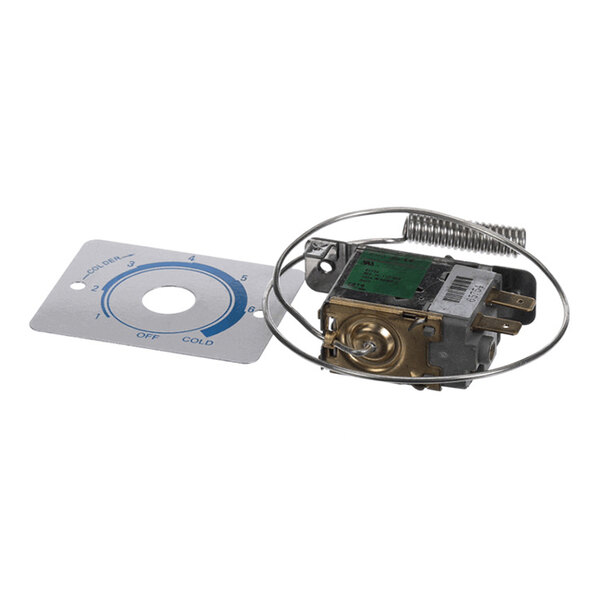 A temperature control unit with a dial plate and attached sensor wire, designed for wine storage equipment.