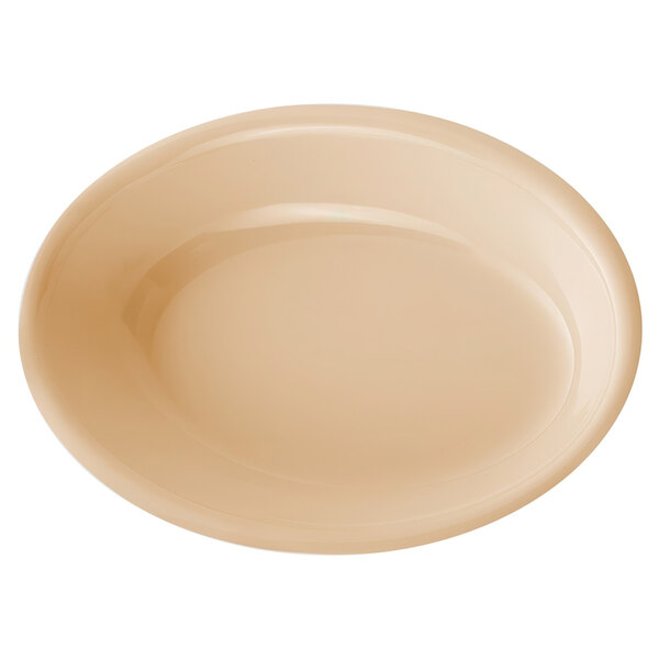 A tan oval melamine side dish.