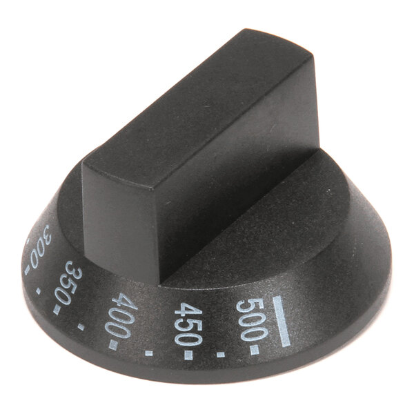 A black temperature control knob with white markings indicating temperature settings from 300 to 500 degrees.