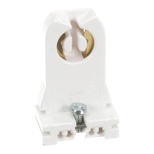A white socket end light kit component with a screw at the base, used for electrical connections.