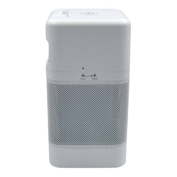 A white rectangular HEPA air purifier with a vented front panel and lock/open indicator.