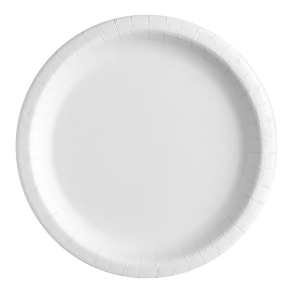 A close-up of a Creative Converting white paper plate with a white border.
