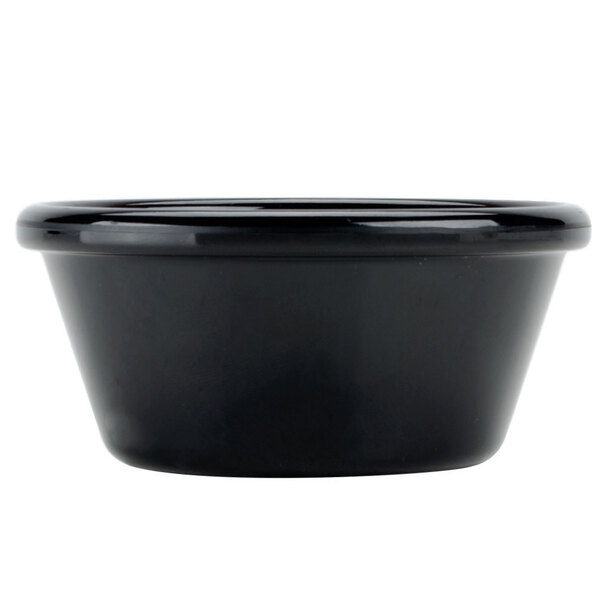 A black Carlisle plastic ramekin.