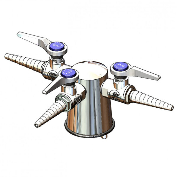 A silver T&S vandal-resistant lab turret with blue knobs.