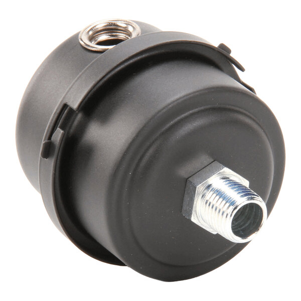 A black replaceable air filter assembly with a threaded metal connector.