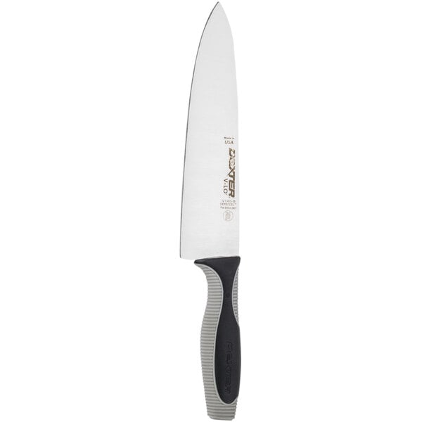 A Dexter-Russell V-Lo chef knife with a black handle and silver blade.