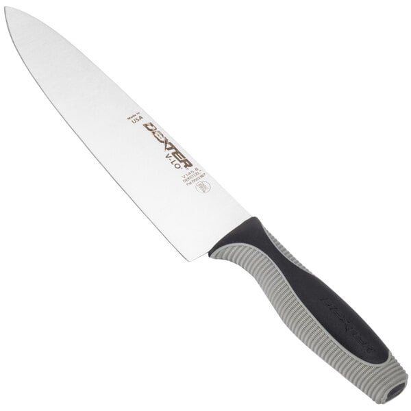 A Dexter-Russell V-Lo chef knife with a black handle.