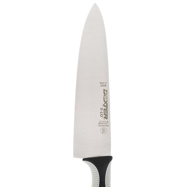 A Dexter-Russell chef knife with a black and white handle.
