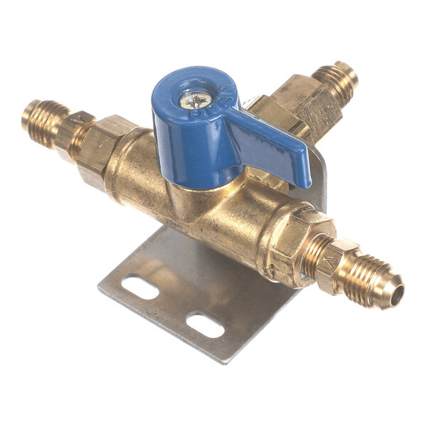 A brass changeover valve with a blue handle and multiple threaded connections, mounted on a metal bracket.