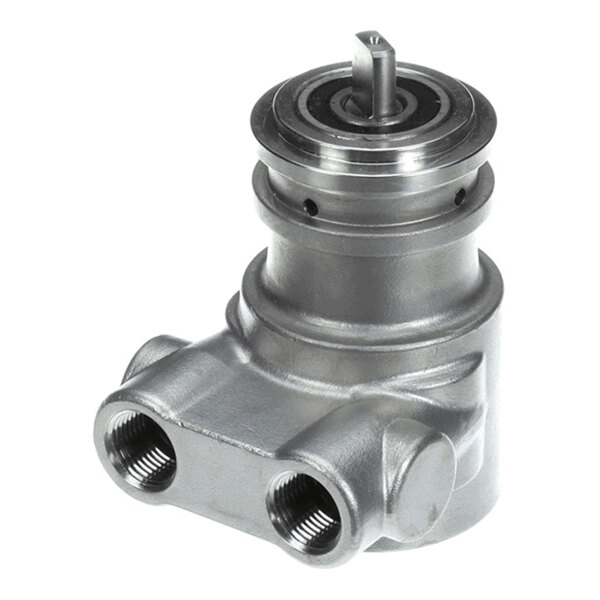 A stainless steel carburetor pump with two threaded ports and a cylindrical top section.