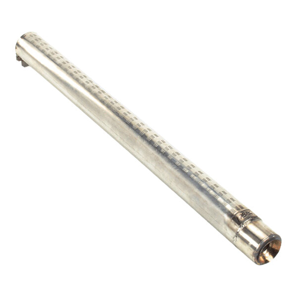 A metal extended burner tube with measurement markings and multiple ports along its length.