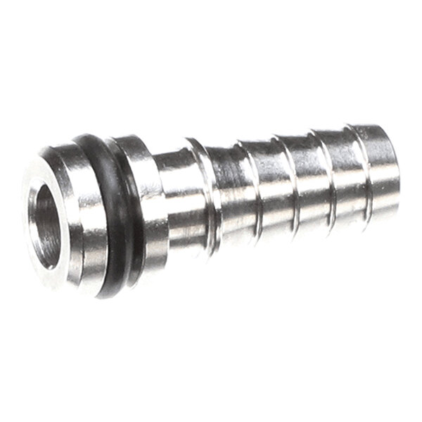 A stainless steel 3/8 inch straight inlet fitting with an O-ring, used for fluid connections.