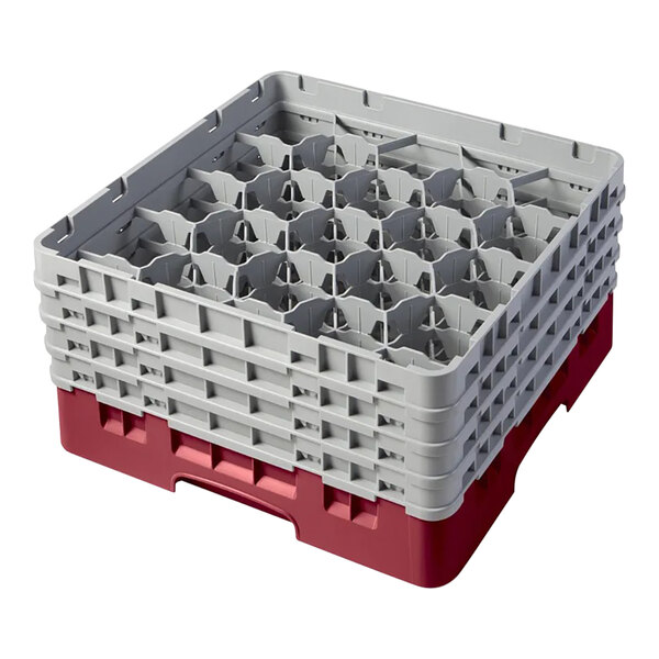 A square plastic glass rack with 20 compartments and four gray extenders, featuring a cranberry-colored base.