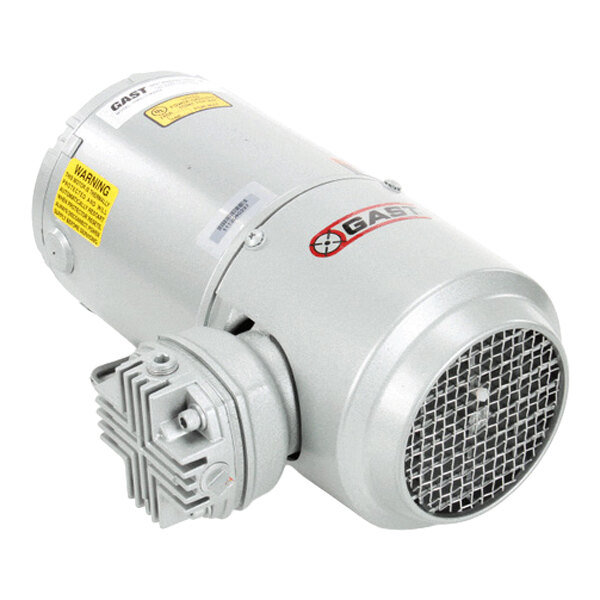 An industrial air pump and motor assembly with a metallic housing and ventilation grille.