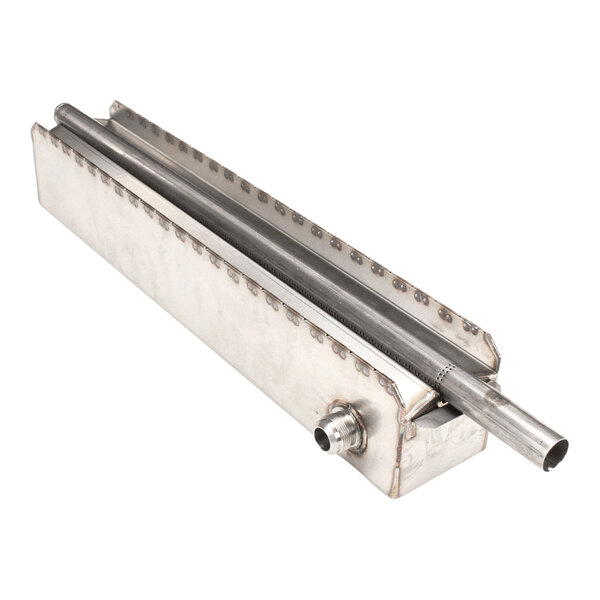 A stainless steel air box and burner component for a commercial kitchen appliance.