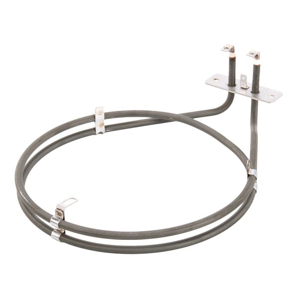 A round metal heating element with mounting brackets and electrical terminals.