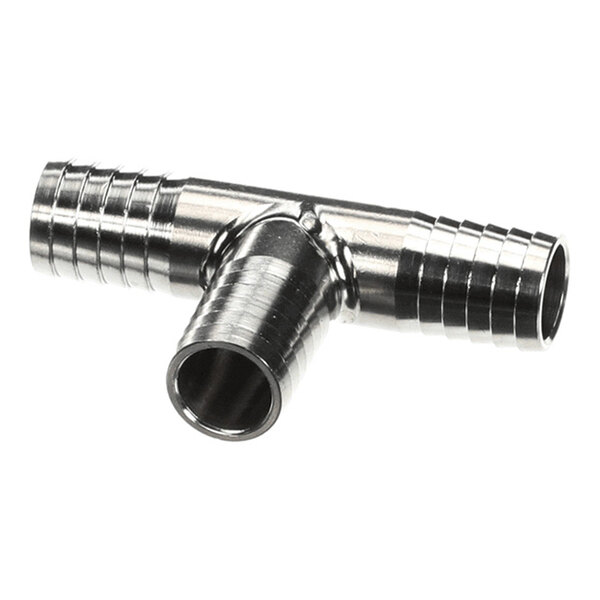 A stainless steel tee fitting with 1/2 inch barbed ends for connecting hoses.