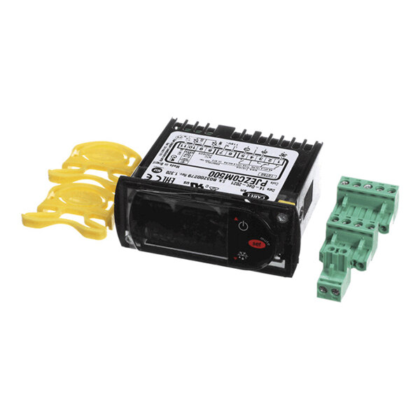 A digital thermostat with three relays, a blue LED display, and accompanying connectors and mounting accessories.