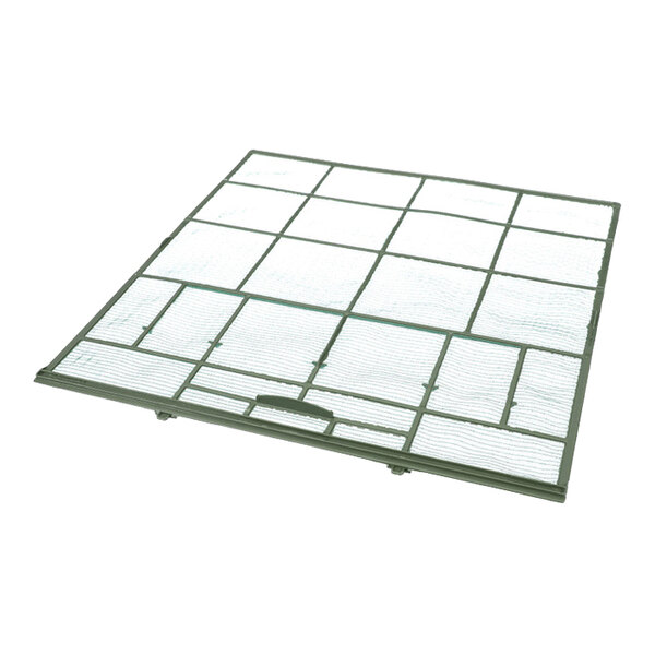 A square Mitsubishi E22C92100 catechin air filter with a green plastic frame and mesh grid.