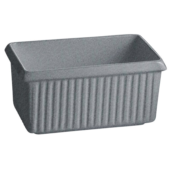 A grey rectangular Tablecraft cast aluminum server with ridges and a lid.