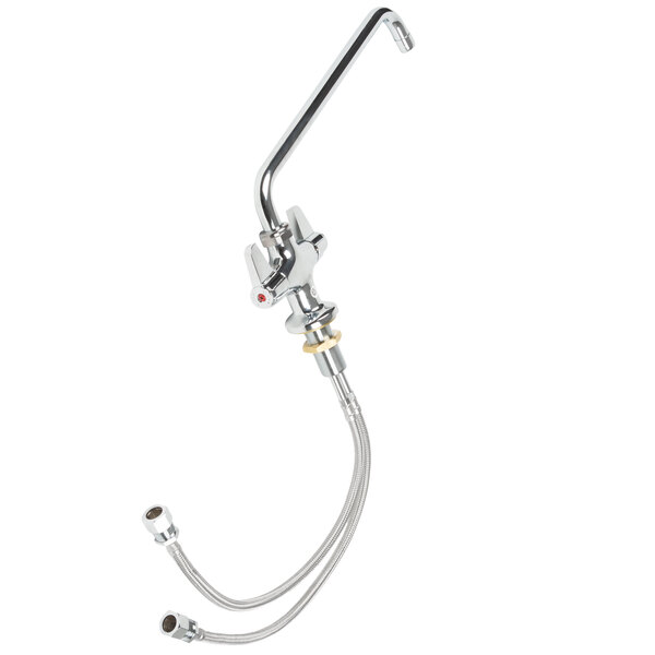 A silver Equip by T&S deck-mounted faucet with a 14 1/8" swing spout and lever handles.