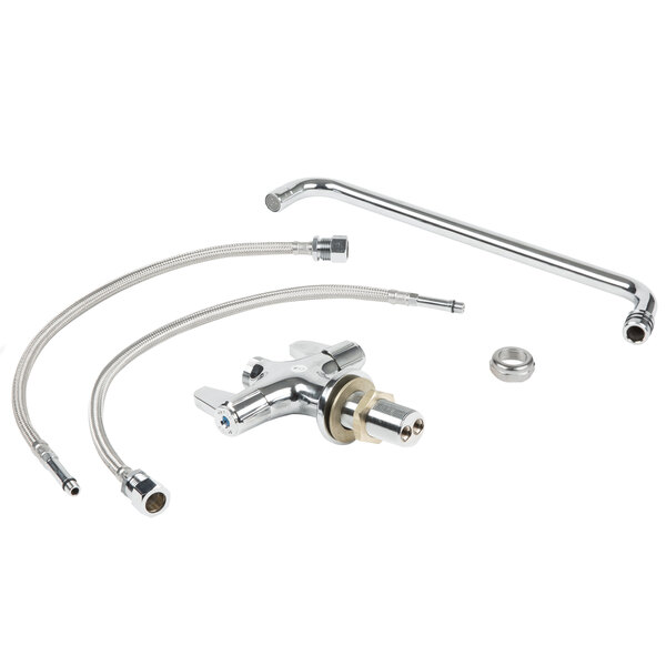 A close-up of a chrome Equip by T&S deck-mounted faucet with lever handles.