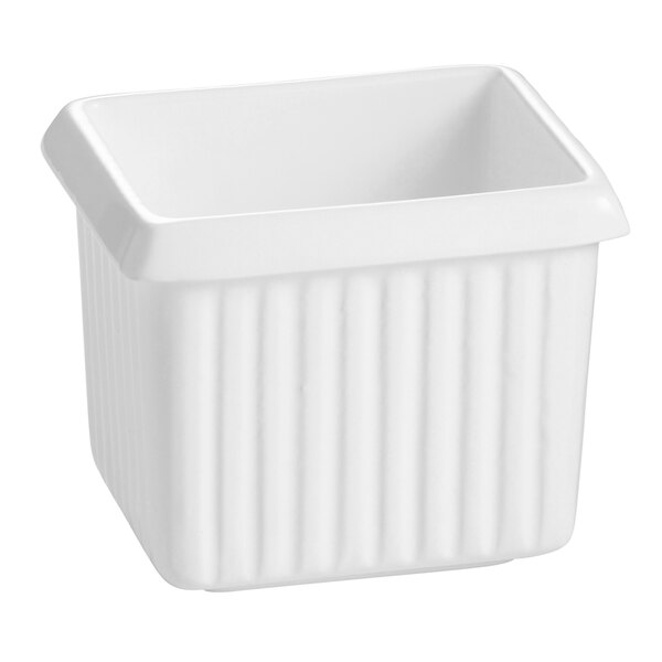 A white rectangular Tablecraft server with a lid.