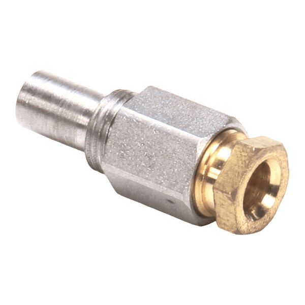 An orifice pilot component for LP gas systems, made of metal with a brass fitting.