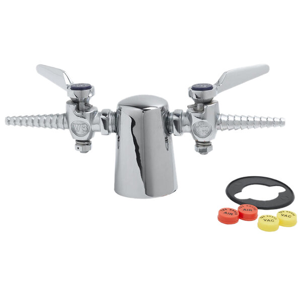 A T&S chrome laboratory turret with two 180 degree hose cocks.