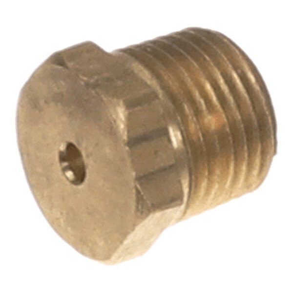A brass orifice fitting with a flat tip and threaded body.