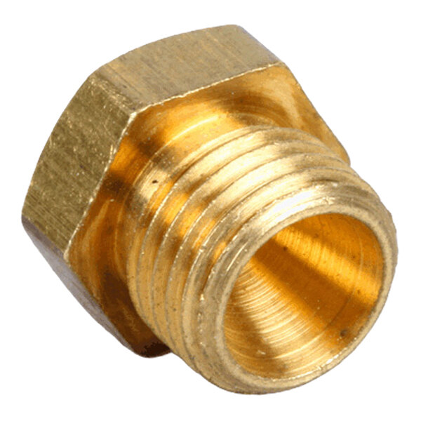 A brass burner orifice fitting with a hexagonal head and threaded body.