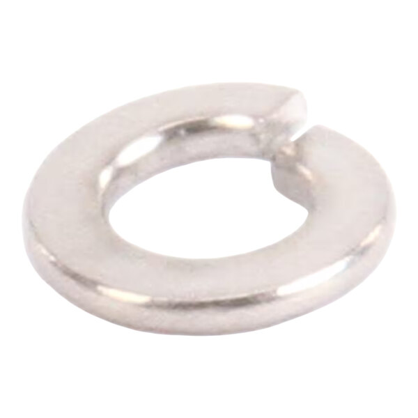 A close-up view of a metallic, split lock washer with a shiny finish.