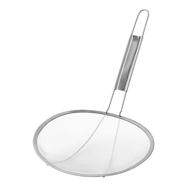 An 8-inch round extra fine mesh skimmer with a metal handle.