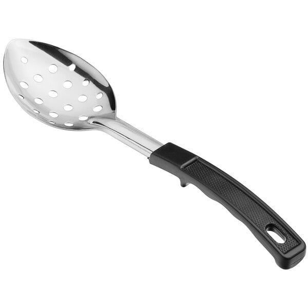 A stainless steel perforated basting spoon with a black coated handle.