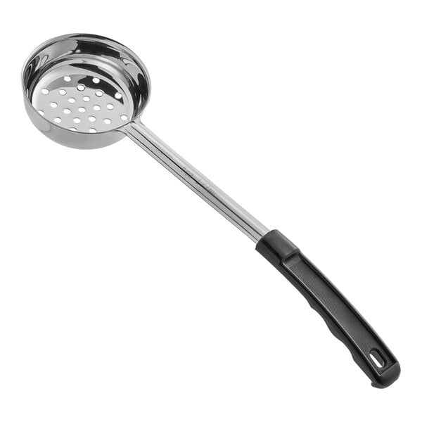 A metal spoon with a round, perforated bowl and a long black handle.